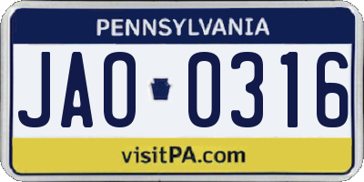 PA license plate JAO0316