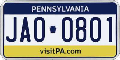 PA license plate JAO0801