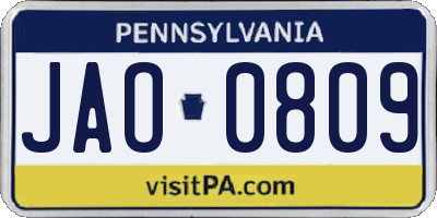 PA license plate JAO0809