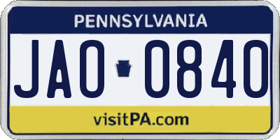 PA license plate JAO0840