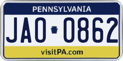 PA license plate JAO0862