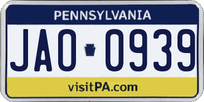 PA license plate JAO0939