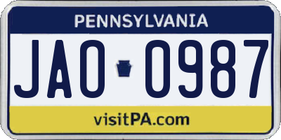 PA license plate JAO0987