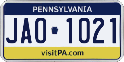 PA license plate JAO1021