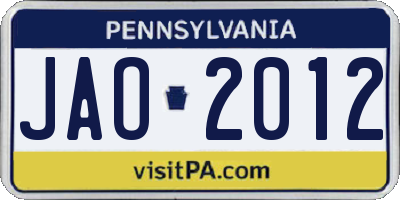 PA license plate JAO2012