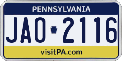 PA license plate JAO2116
