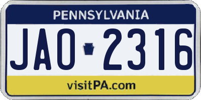 PA license plate JAO2316