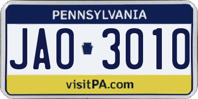 PA license plate JAO3010