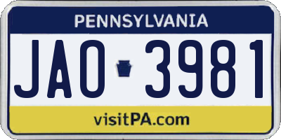 PA license plate JAO3981