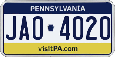 PA license plate JAO4020