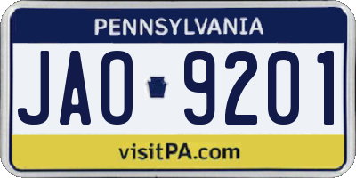 PA license plate JAO9201