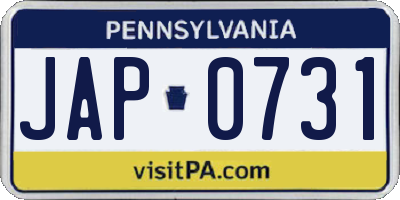 PA license plate JAP0731