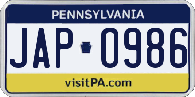 PA license plate JAP0986