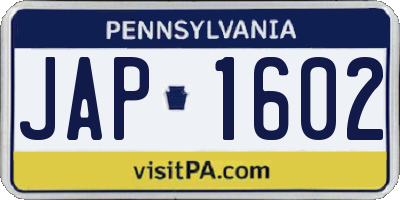 PA license plate JAP1602