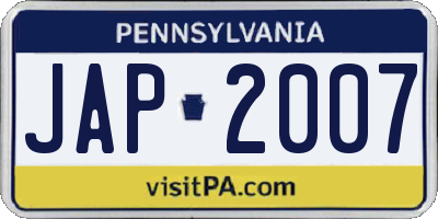 PA license plate JAP2007