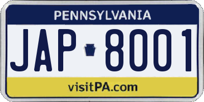 PA license plate JAP8001