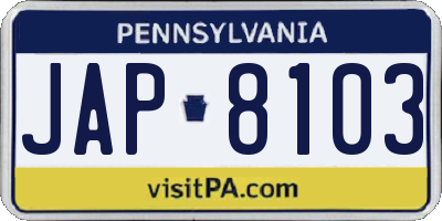 PA license plate JAP8103