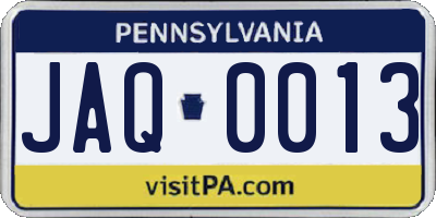 PA license plate JAQ0013