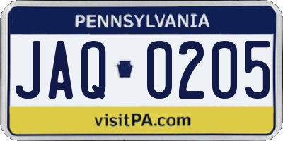 PA license plate JAQ0205