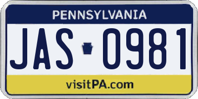 PA license plate JAS0981