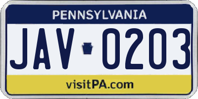 PA license plate JAV0203