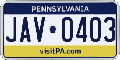 PA license plate JAV0403