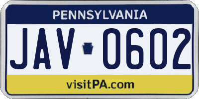 PA license plate JAV0602