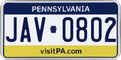 PA license plate JAV0802