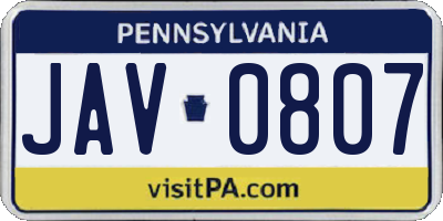 PA license plate JAV0807