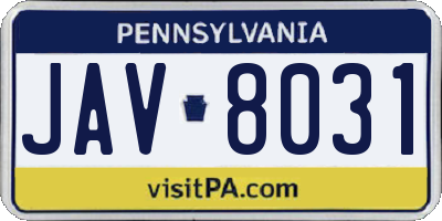 PA license plate JAV8031