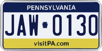 PA license plate JAW0130