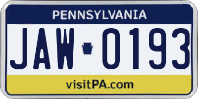 PA license plate JAW0193