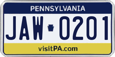 PA license plate JAW0201