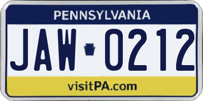 PA license plate JAW0212