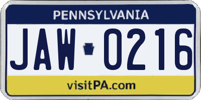 PA license plate JAW0216