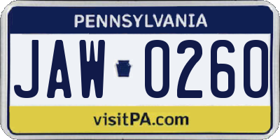 PA license plate JAW0260