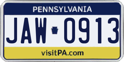PA license plate JAW0913