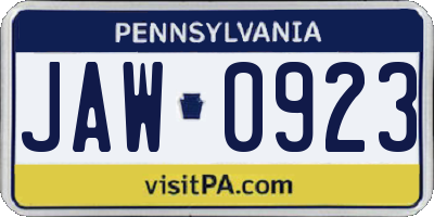 PA license plate JAW0923
