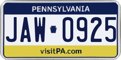 PA license plate JAW0925