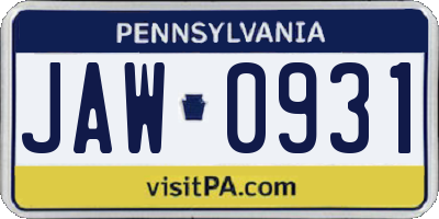 PA license plate JAW0931