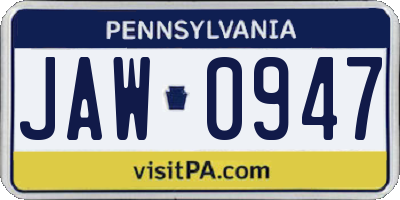 PA license plate JAW0947