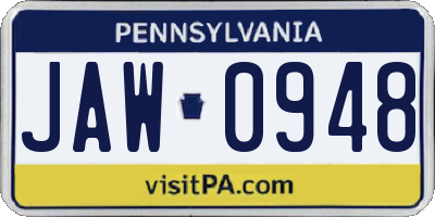 PA license plate JAW0948