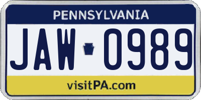 PA license plate JAW0989