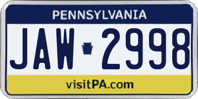 PA license plate JAW2998
