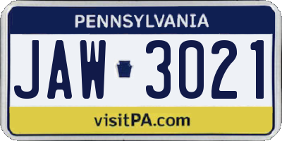 PA license plate JAW3021