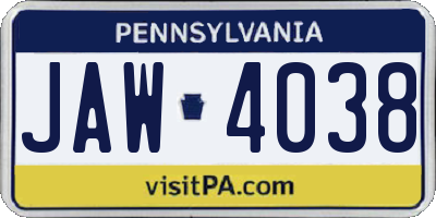 PA license plate JAW4038