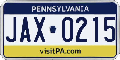PA license plate JAX0215