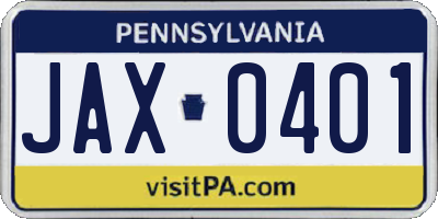 PA license plate JAX0401