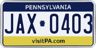 PA license plate JAX0403