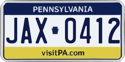 PA license plate JAX0412